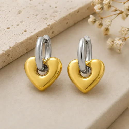 Aretes Acero Bicolor Huggies Chunky Colgante Corazon (1)