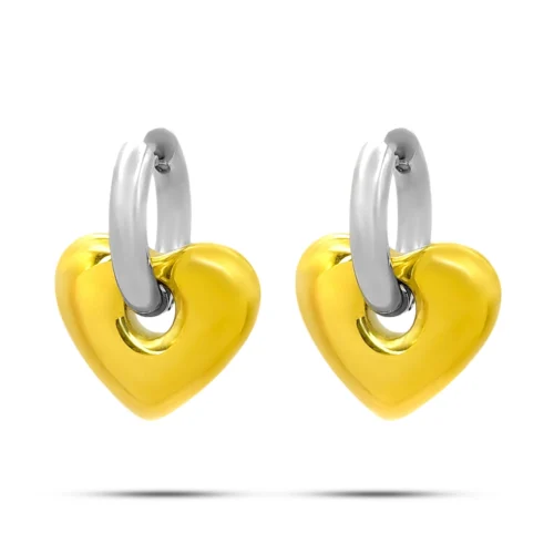Aretes de acero inoxidable bicolor con arracada plateada y corazón dorado colgante sobre fondo blanco