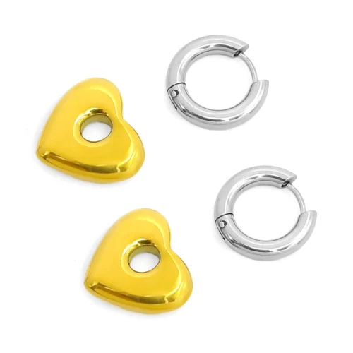 Aretes Acero Bicolor Huggies Chunky Colgante Corazon (3)