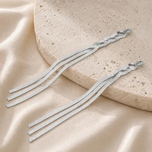 Aretes Acero Cadena Planchada Trenzada Largos Noche (1)