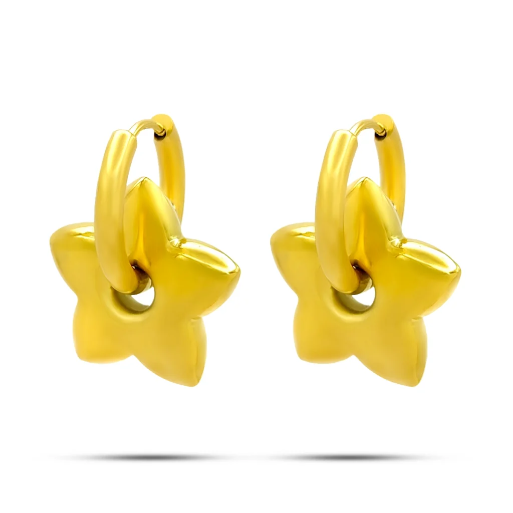 aretes de estrella dorados de acero inoxidable con arracada y colgante chunky sobre fondo blanco
