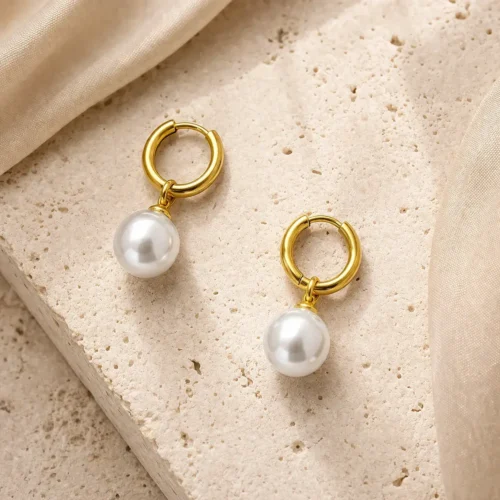 Aretes Acero Dorado Arracada Huggies Perla Colgante (1)