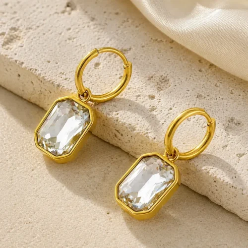 Aretes Acero Dorado Arracadas Huggies Cristal Rectangular (1)