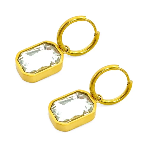Aretes Acero Dorado Arracadas Huggies Cristal Rectangular (3)
