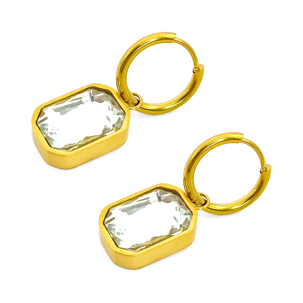 Aretes Acero Dorado Arracadas Huggies Cristal Rectangular 3