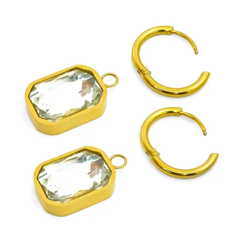 Aretes Acero Dorado Arracadas Huggies Cristal Rectangular (4)