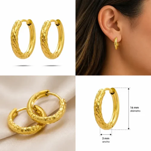 Aretes Acero Dorado Arracadas Huggies Mitad Martillada (1)