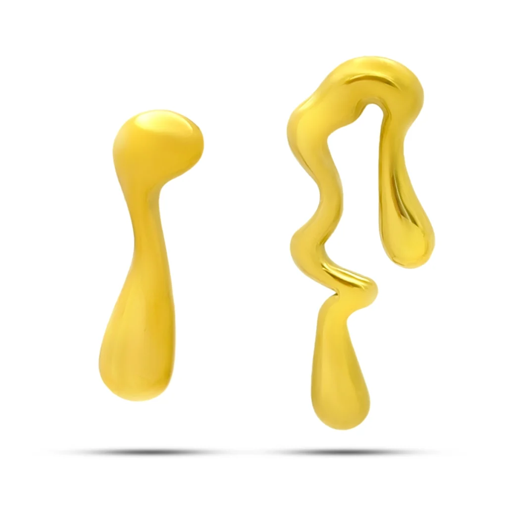 Aretes Acero Dorado Asimetricos Gotas Cayendo Derretidas 1