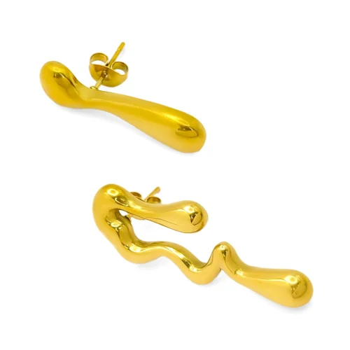 Aretes Acero Dorado Asimétricos Gotas Cayendo Derretidas (2)