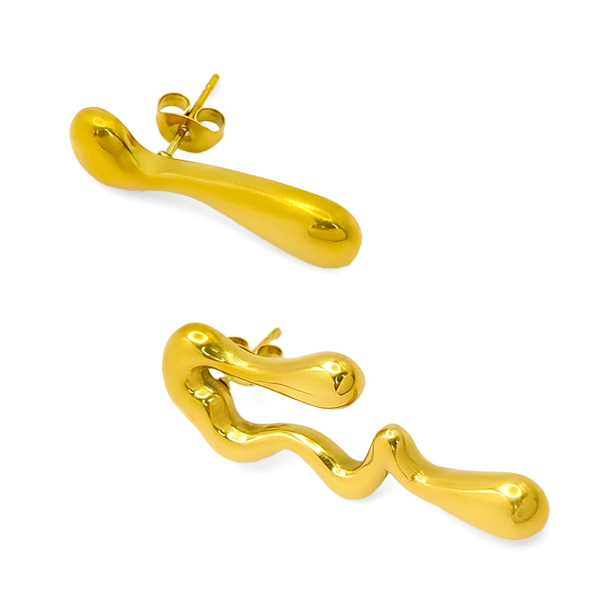 Aretes Acero Dorado Asimetricos Gotas Cayendo Derretidas 2