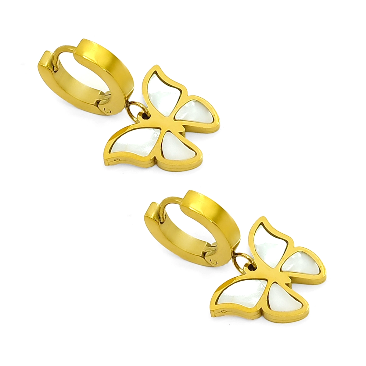 Aretes Acero Dorado Huggies Colgante Mariposa Madre Perla 2