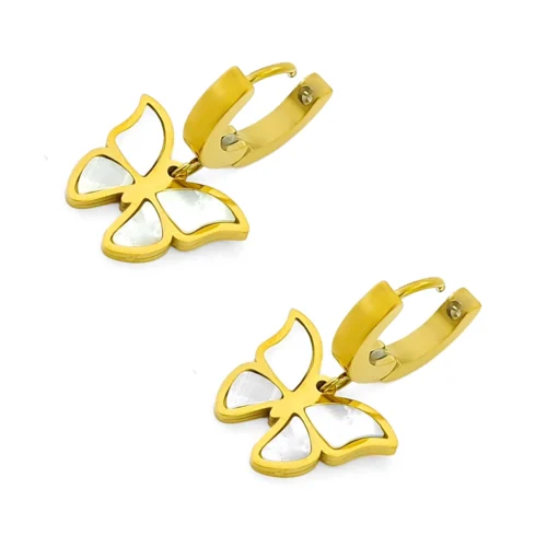 Aretes Acero Dorado Huggies Colgante Mariposa Madre Perla (3)