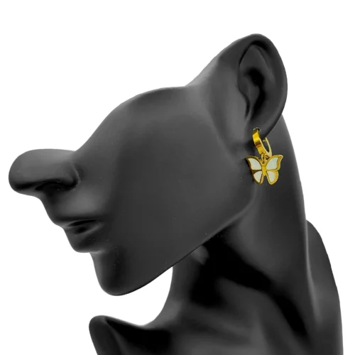 Aretes Acero Dorado Huggies Colgante Mariposa Madre Perla (4)