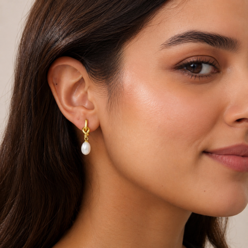 Aretes Acero Dorado Nudo con Perla Ovalada Colgante (2)