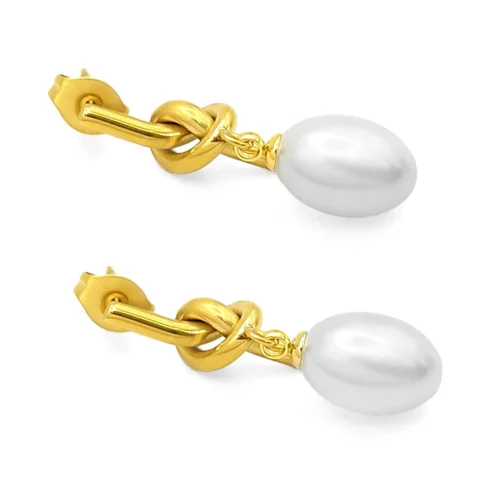 Aretes Acero Dorado Nudo con Perla Ovalada Colgante (2)