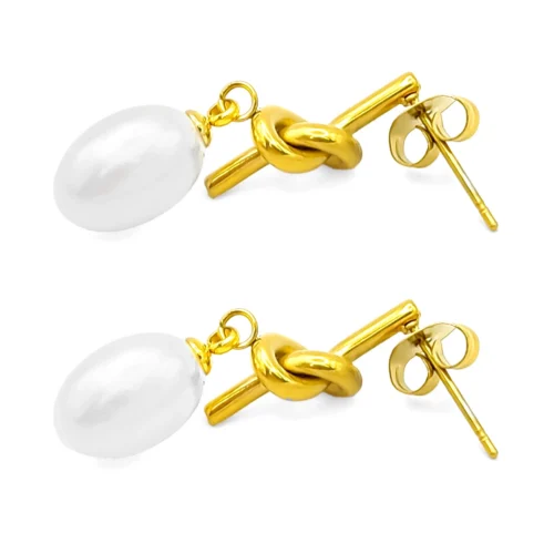 Aretes Acero Dorado Nudo con Perla Ovalada Colgante (3)