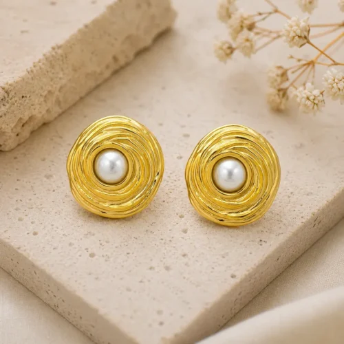 Aretes Acero Dorado Redondos Perla Enmarcada Surcos (3)