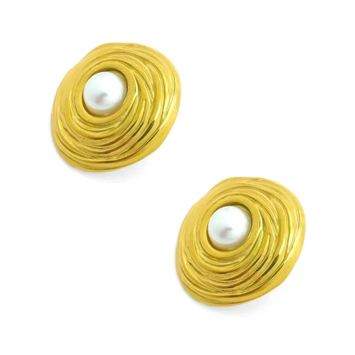 Aretes Acero Dorado Redondos Perla Enmarcada Surcos (3)