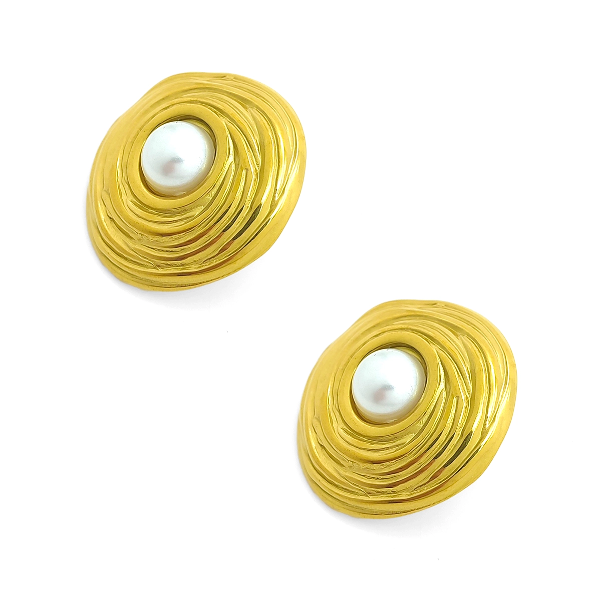 Aretes Acero Dorado Redondos Perla Enmarcada Surcos 3