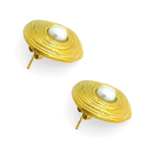 Aretes Acero Dorado Redondos Perla Enmarcada Surcos (4)