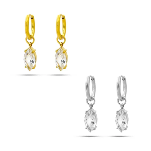 aretes huggies con zirconia marquesa de acero inoxidable en color dorado y plateado sobre fondo blanco