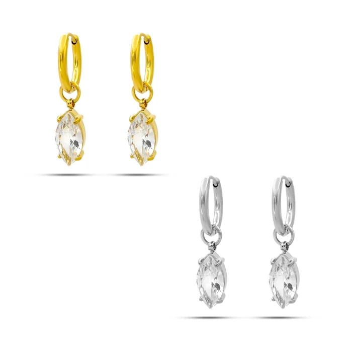 aretes huggies con zirconia marquesa de acero inoxidable en color dorado y plateado sobre fondo blanco