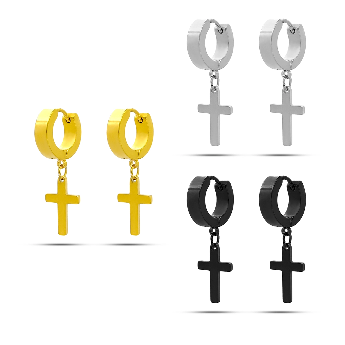 aretes huggies con cruz de acero inoxidable en dorado plateado y negro sobre fondo blanco