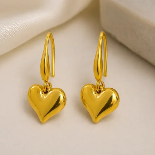Aretes Acero Inox Dorado Gancho Colgante Corazón (2)
