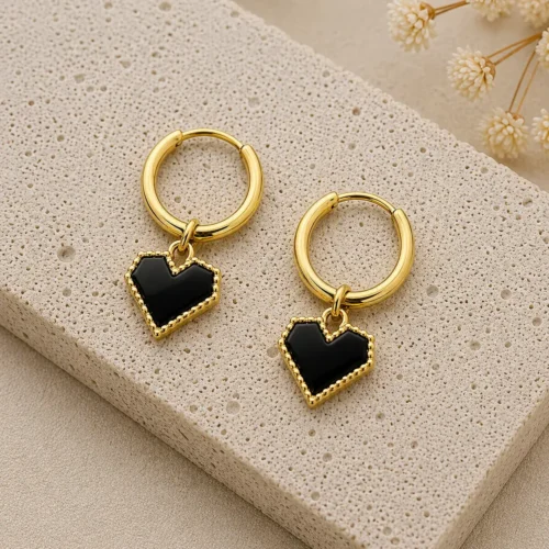 Aretes Acero Inox Dorado Huggies Colgante Corazon Negro (1)