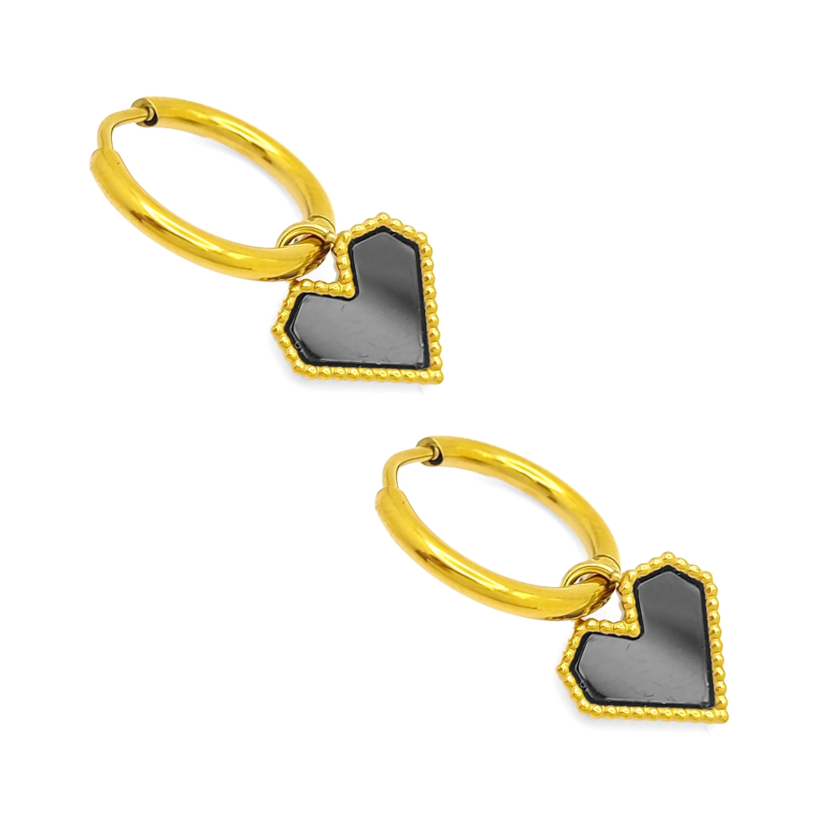 Aretes Acero Inox Dorado Huggies Colgante Corazon Negro 3