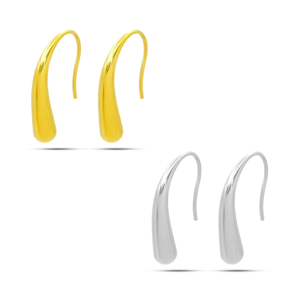 aretes curvos tipo gota de acero inoxidable dorado y plateado con diseño de gancho sobre fondo blanco