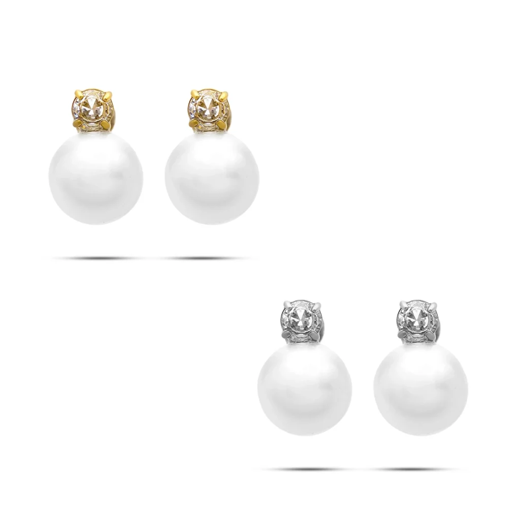 aretes de perla con zirconia en acero inoxidable dorado y plateado con diseño elegante sobre fondo blanco