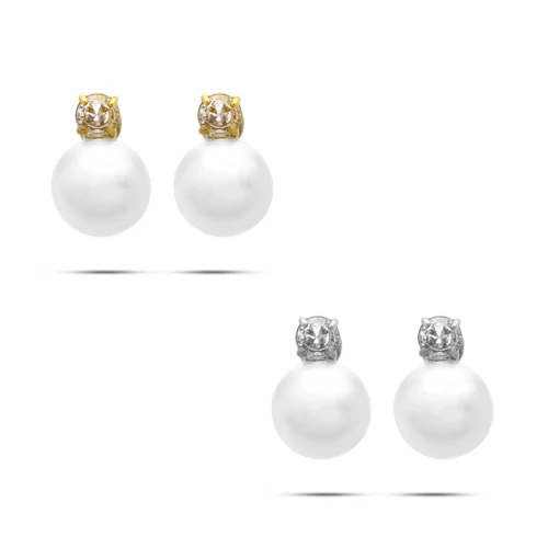 aretes de perla con zirconia en acero inoxidable dorado y plateado con diseño elegante sobre fondo blanco