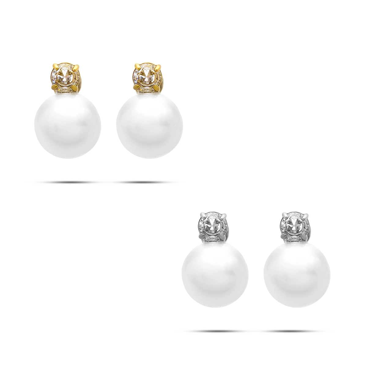 aretes de perla con zirconia en acero inoxidable dorado y plateado con diseño elegante sobre fondo blanco