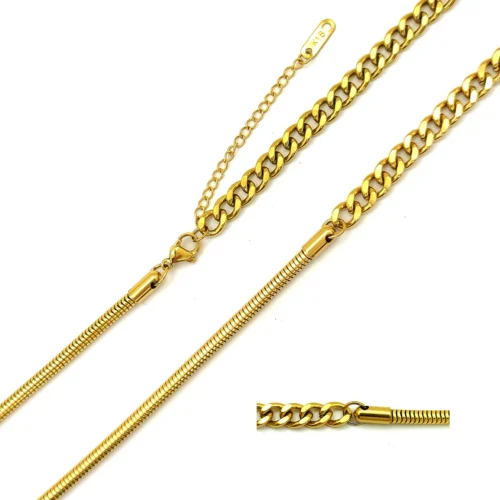 Cadena dorada de acero inoxidable con diseño dividido de cola de rata y cadena cubana sobre fondo blanco