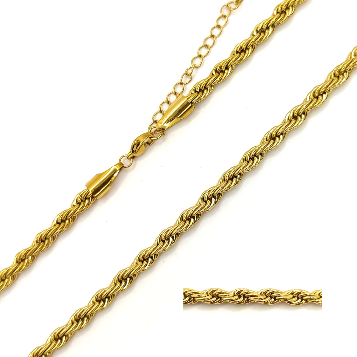 Cadena torzal dorada de acero inoxidable tipo choker grueso de 5 mm sobre fondo blanco