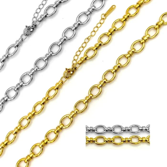 Cadena de acero inoxidable con eslabón corto oval moderno en acabado dorado y plateado sobre fondo blanco