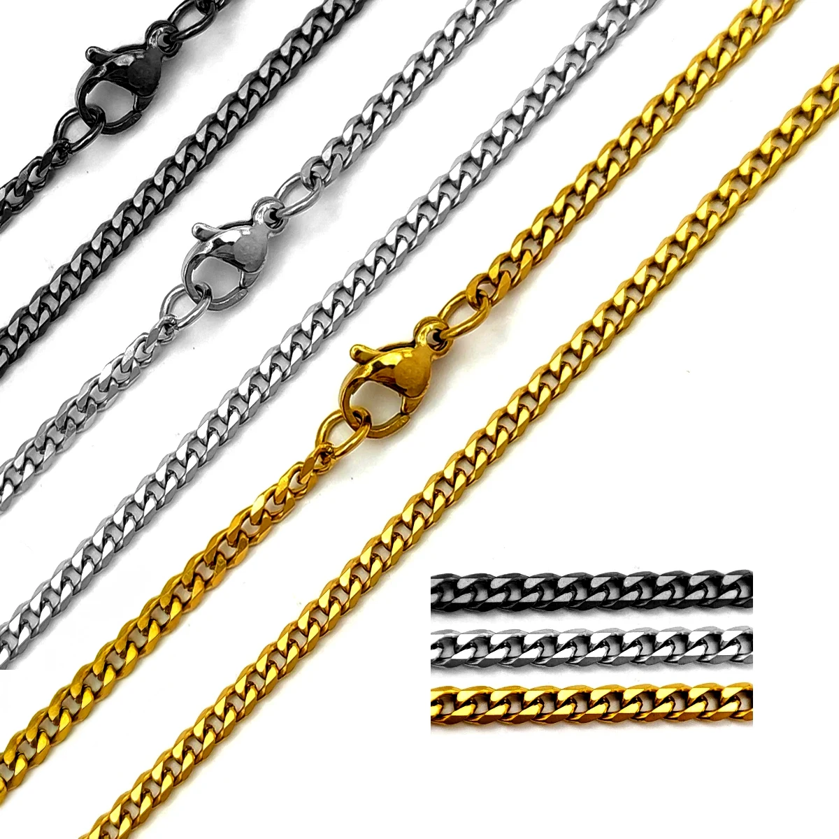 Cadena cubana continua de acero inoxidable con acabado pulido en color dorado, plateado y negro sobre fondo blanco