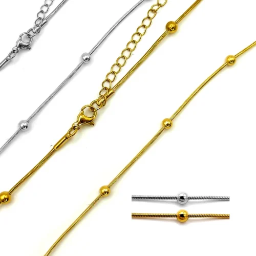 Cadena cola de rata con balines de acero inoxidable en acabado dorado y plateado sobre fondo blanco