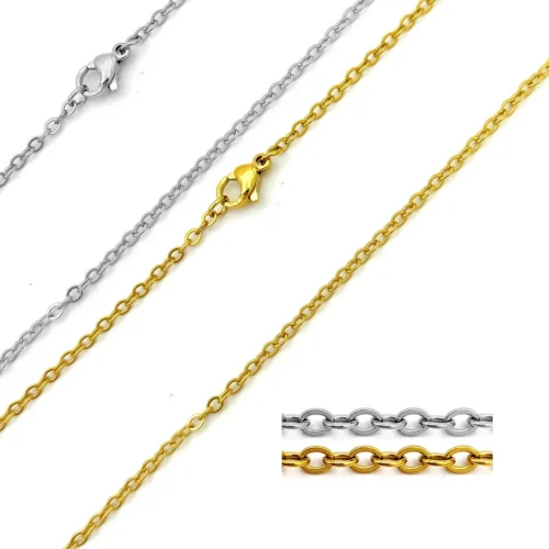 Cadena delgada de acero inoxidable para mujer en color dorado y plateado sobre fondo blanco