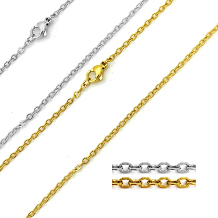 Cadena delgada de acero inoxidable para mujer en color dorado y plateado sobre fondo blanco