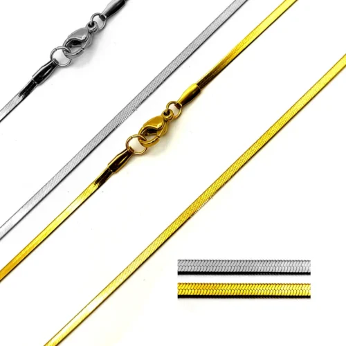 Cadena panza de víbora de acero inoxidable en color dorado y plateado con acabado planchado sobre fondo blanco