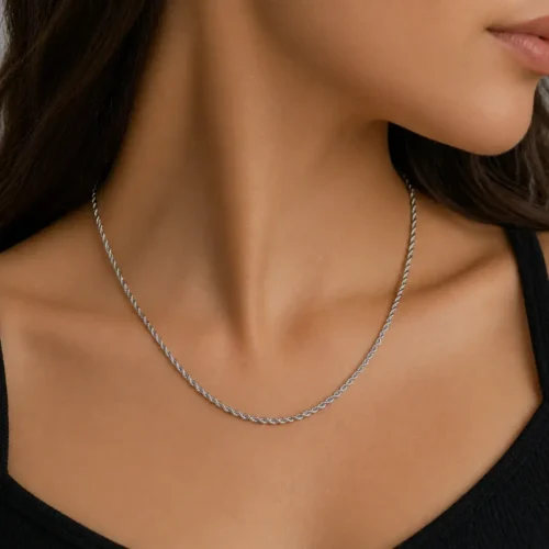 Cadena Acero Plateado Torzal Delgado Corto 45 cm (1)