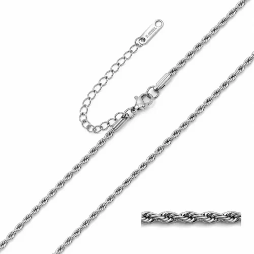 Cadena plateada de acero inoxidable para mujer con tejido torzal delgado de 45 cm sobre fondo blanco