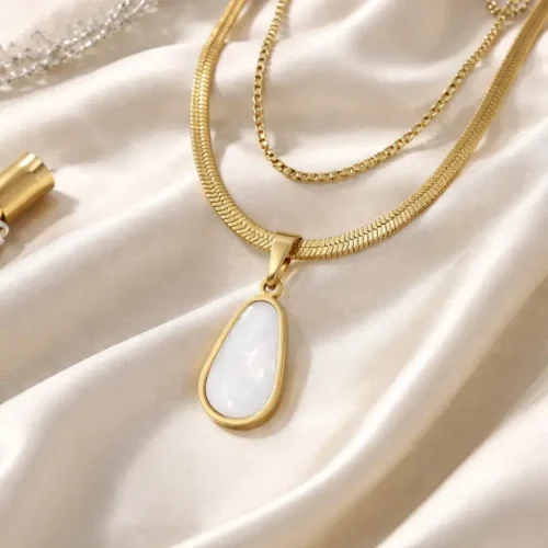 Collar Acero Dorado Doble Cadena Dije Gota Madre Perla (1)