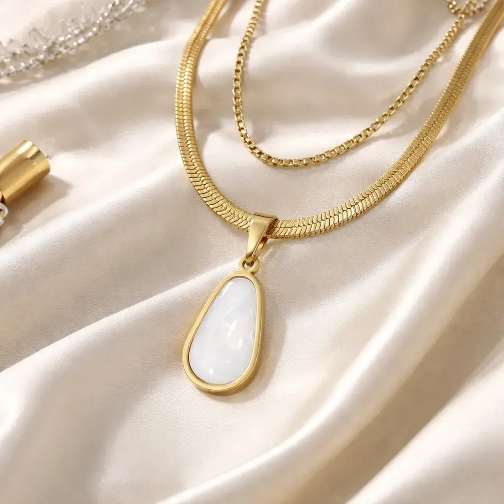 Collar Acero Dorado Doble Cadena Dije Gota Madre Perla 5 Collar Acero Dorado Doble Cadena Dije Gota Madre Perla - Image 3