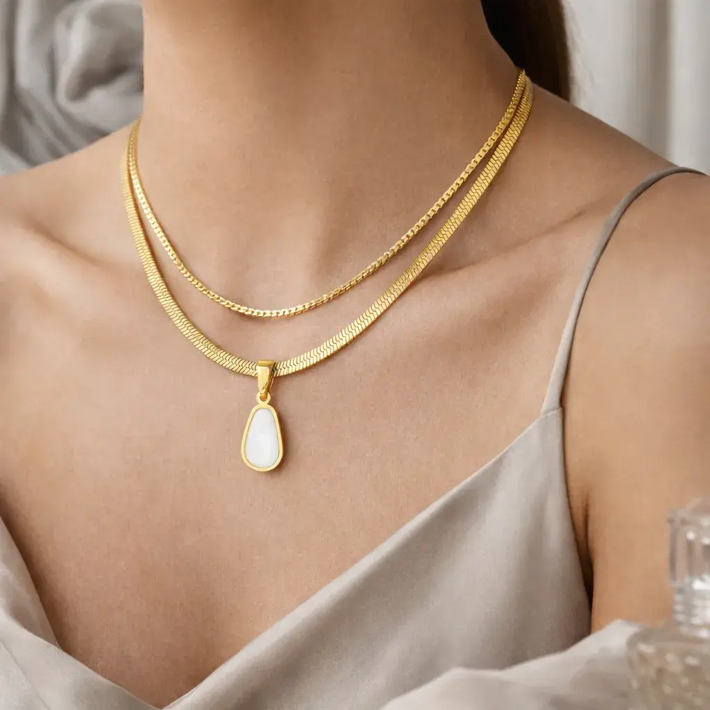 Collar Acero Dorado Doble Cadena Dije Gota Madre Perla 6 Collar Acero Dorado Doble Cadena Dije Gota Madre Perla - Image 4