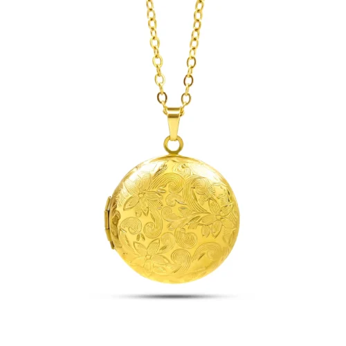 Collar Acero Relicario Circular Flores Grabadas (1)