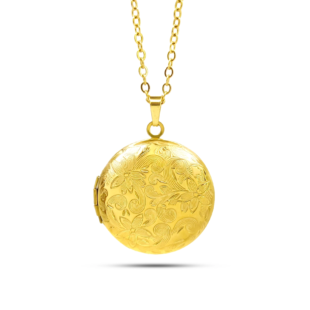 Collar Acero Relicario Circular Flores Grabadas 1