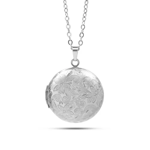 Collar Acero Relicario Circular Flores Grabadas (3)